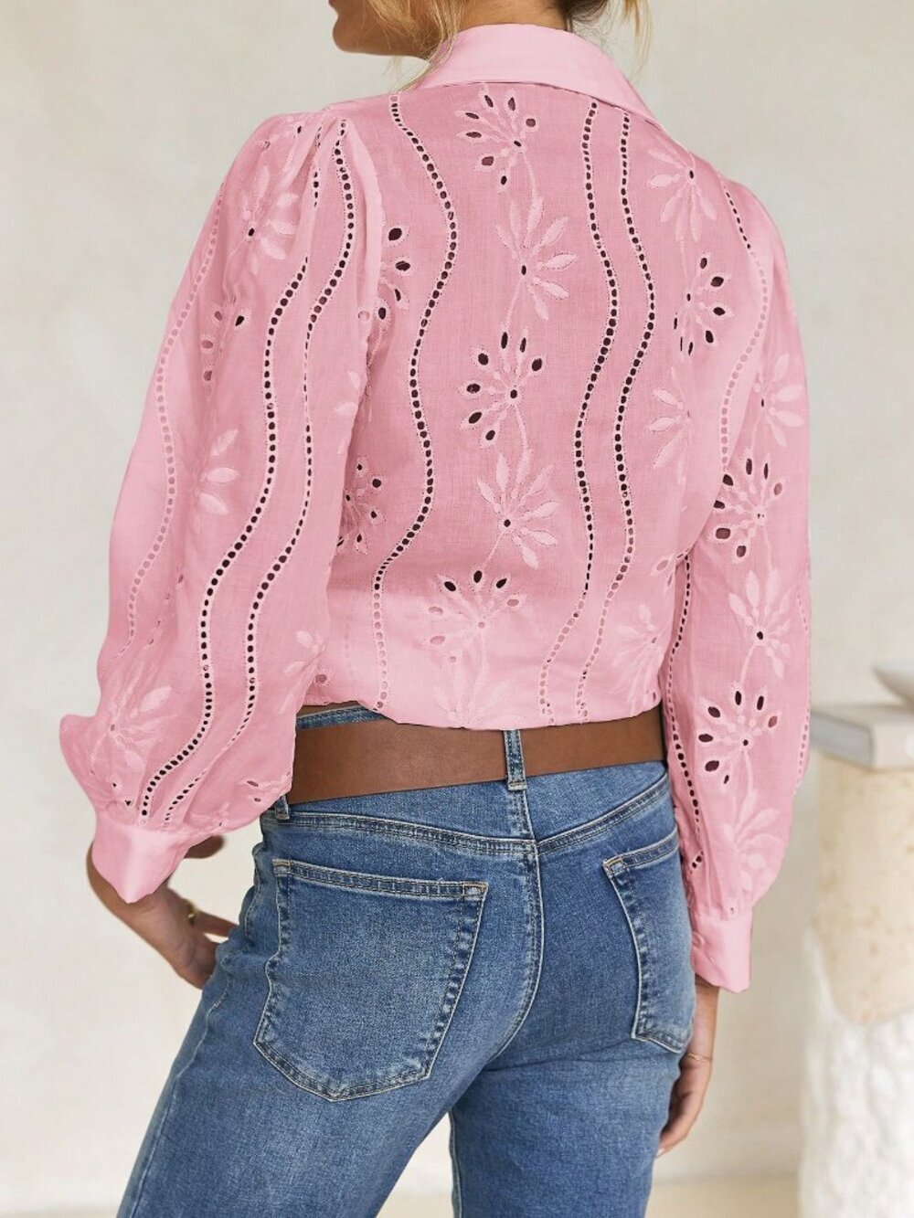 Pink Boho Women's Embroidered Hollow Out Embroidery Blouse - Picture 4 of 10
